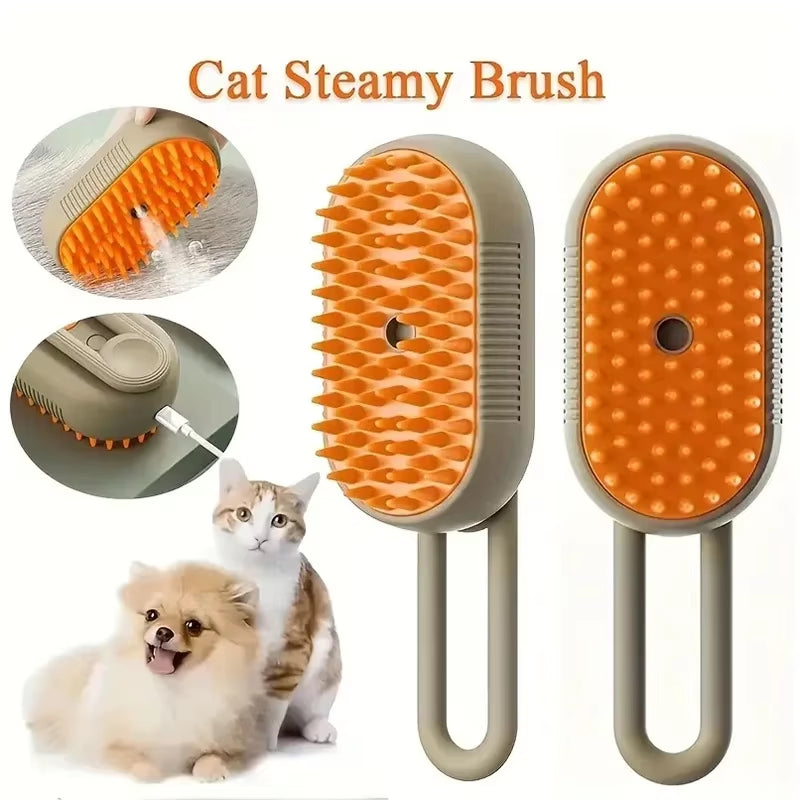 Electric Pet Steam Brush – 3-in-1 Grooming, Massaging & De-Shedding Tool